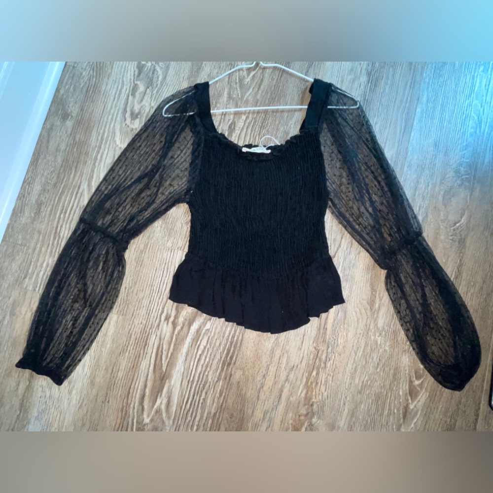 Black Smocked Top with Sheer Long Sleeves🤩